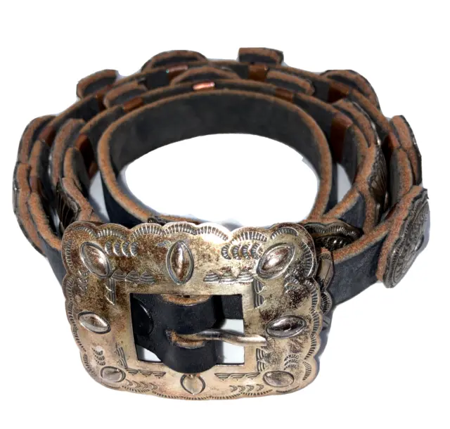 vintage Navajo sterling silver Concho concha black leather belt 37 1/2” x 3/4"