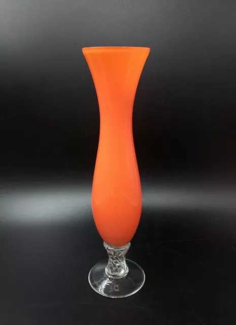 Vibrant Orange Cased Glass Bud/Stem Vase Clear Footed Twist Stem 20cm Tall