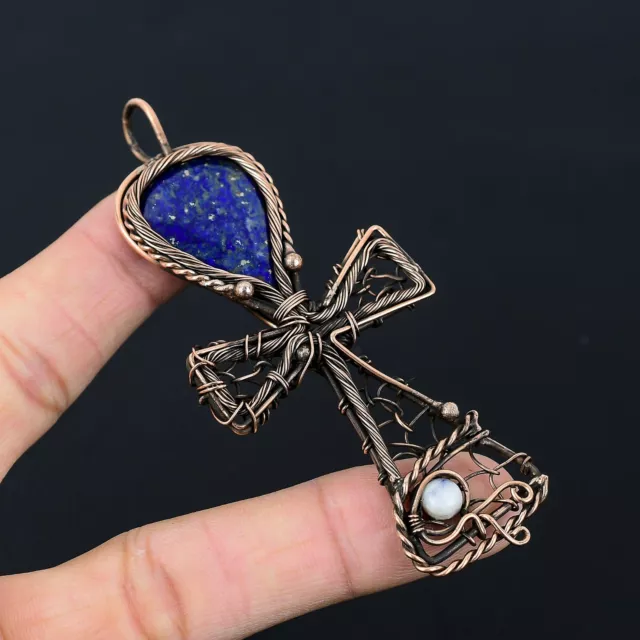 Lapis Lazuli Gemstone Copper Wire Wrapped Handmade Lovely Ankh Pendant