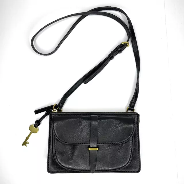 Fossil Ryder Purse Small Black Pebbled Leather Crossbody Bag Logo Key Charm Fob