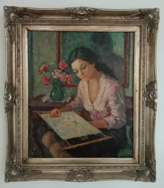 Tableau Ancien Huile Portrait de Jeune Femme brodant Impressionnisme XXème