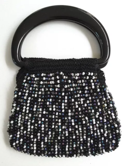 Crochet Handbag Black Hobo Chic Bag Beaded Purse Small Handles Evening