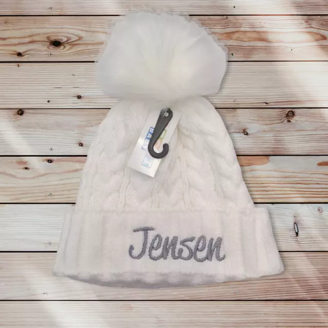 Embroidered personalised / Plain ribbed fur pom Baby Girls Boys Hat 0-3 3-6