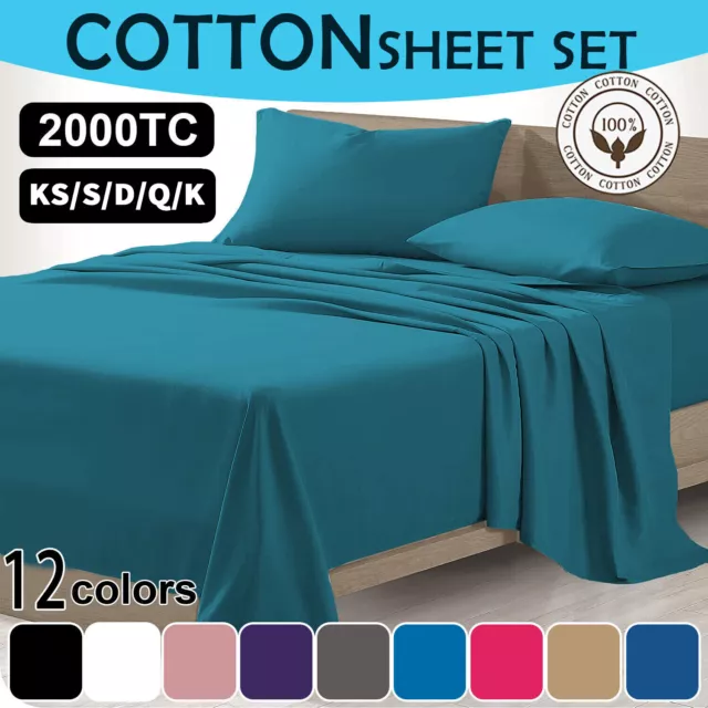 2000TC Egyptian Cotton Bed Flat Fitted Sheet Set Single Double Queen King Size