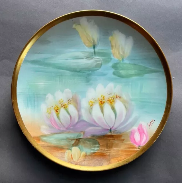 1890s Limoges Signed Guerin Hand Painted Porcelain 8 7/8" Water Lily Plate