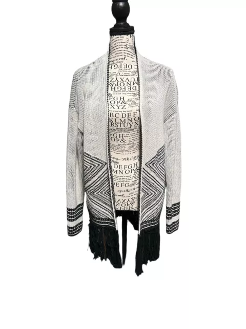 Banana Republic Women's Open Cardigan Sweater Medium Black White Fringe Aztec