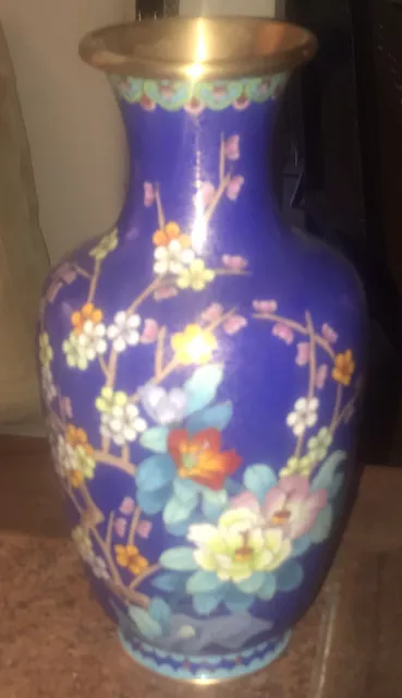 Large Vintage Cloisonné Bird Floral Detailed Vase Blue Green White 12” Tall EC