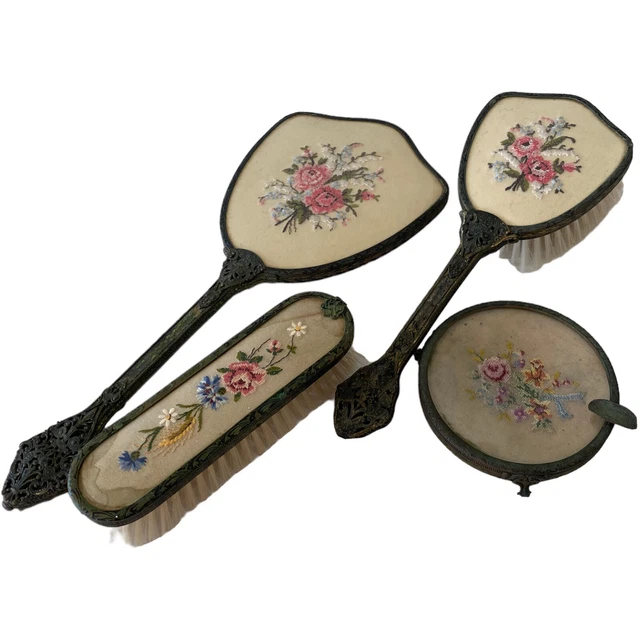 VINTAGE VANITY DRESSER Set Petit Point Lace Hand Mirror Brushes