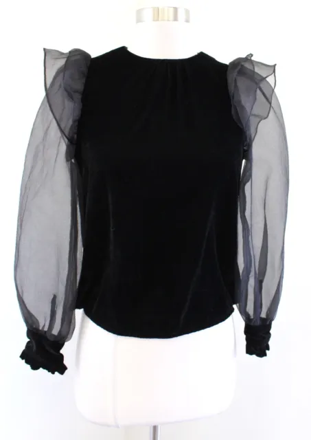 NWT Zara Black Velvet Sheer Mesh Puff Sleeve Ruffle Top Blouse Size XS Party