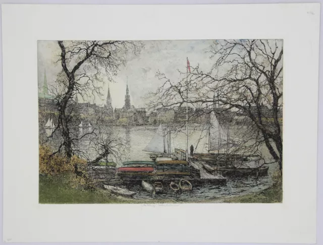 HAMBURG - Blick auf die Binnenalster - Luigi Kasimir - Farbradierung, um 1950 2