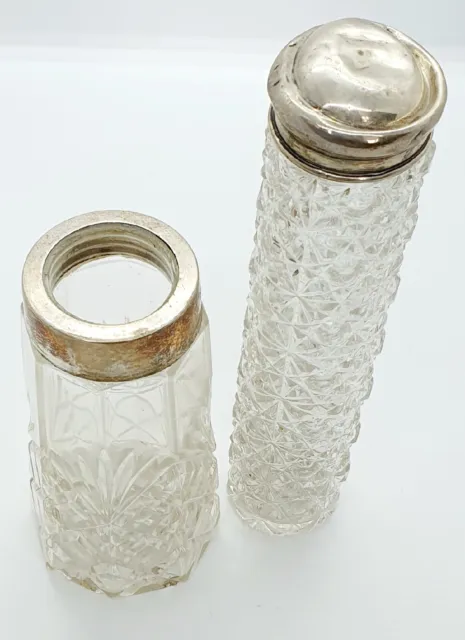 2x Glass Vanity Jars With Sterling 925 Silver Top/Rim Hallmarked