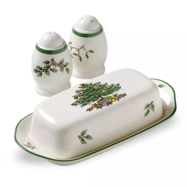 Spode Christmas Tree 3-Piece Hostess Set, Butter Dish & 3" Salt/Pepper Shakers