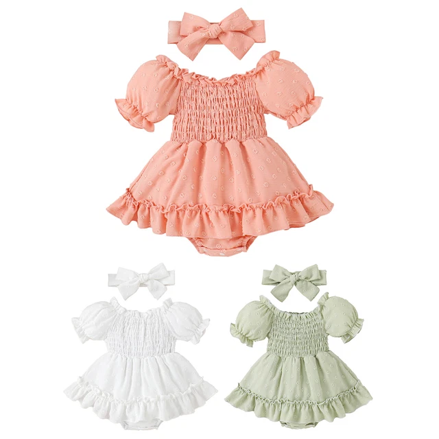 Baby Girls Lovely Ruffle Puff Short Sleeve Crease Romper Dress Bowknot Headband