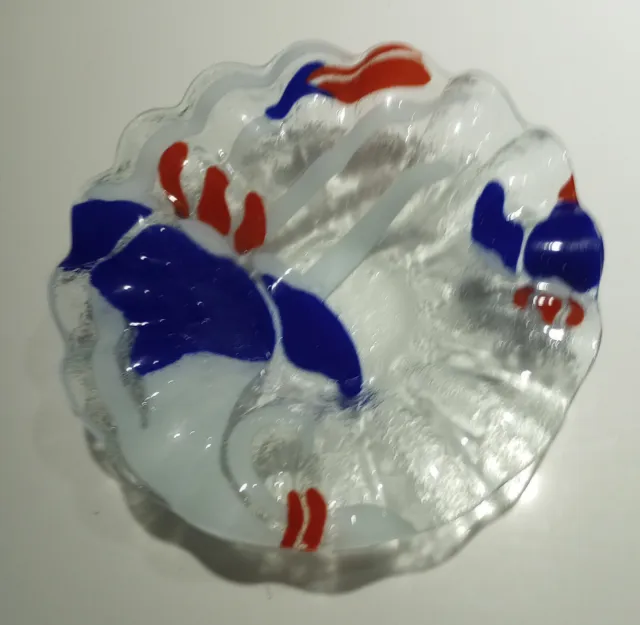 Vintage Signed Sydenstricker Ruffled Edge Fused Art Glass Bowl Dish Blue Flower