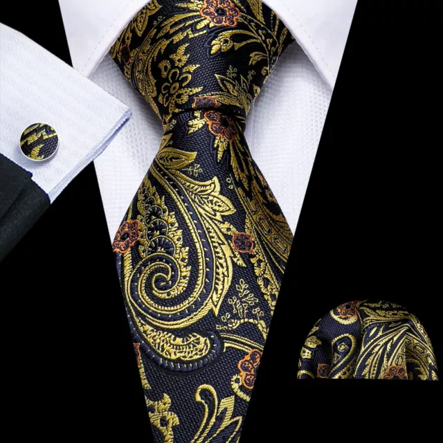 UK Black Gold Paisley Silk Tie Set Mens Necktie Pocket Square Cufflinks Wedding