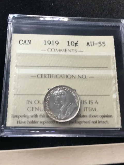 1919  ICCS Graded Canadian,  ¢10  Cent, **AU-55**