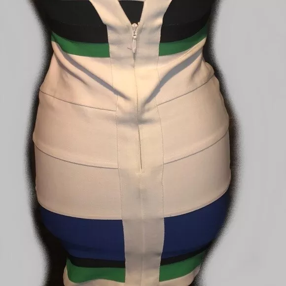 WOW Couture White w/Blue Green Stripe Blk Bandage Bodycon Dress Sz L 3