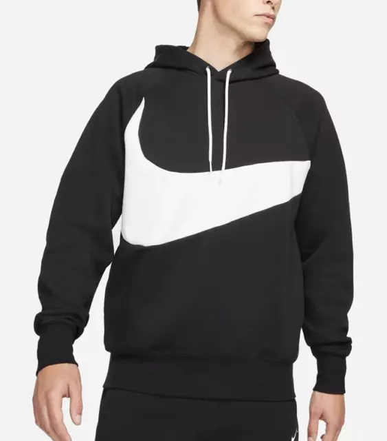 Nike Uomo Swoosh Manica Lunga Sport Hoodie con Cappuccio Nero Bianco Taglia M L