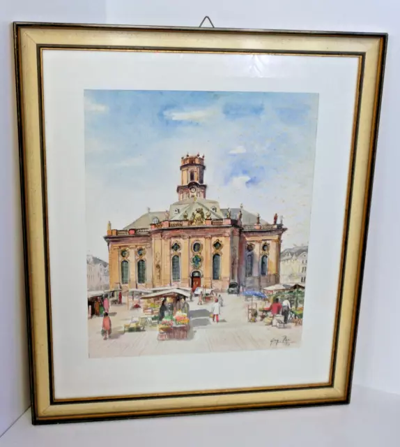 altes Aquarell Bild " Markt " 1973 gerahmt und signier von Hugo Pop