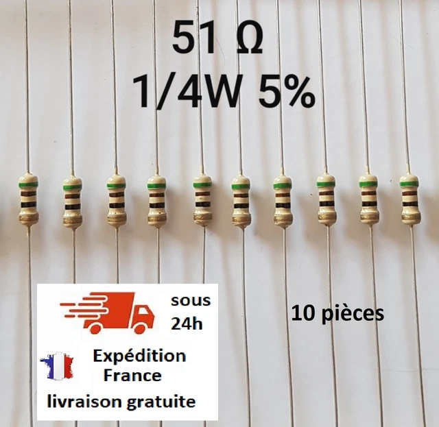 Lot de10 pièces résistance 1/4W 5% valeur au choix 1 à 910 Ω (ohm)