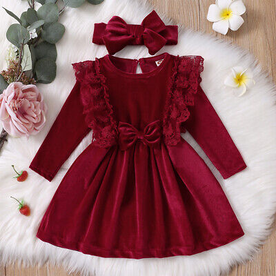 Toddler Baby Girl Christmas Velvet Dress Ruffle Lace Bow Princess Party Outfits