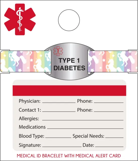 Medical Id Bracelet-type 1 Diabetes Rainbow Unicorn