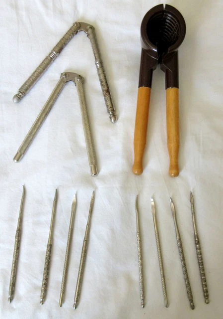 Vintage Nut Cracker Lot: 2 Metal Nut Crackers + Wood & Metal Nut Cracker + Picks