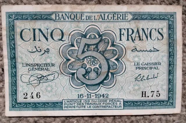 Algeria 5 Francs 1942 P91a  aVF