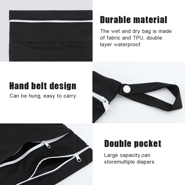 2pcs Black Nappy Cloth Diaper For Baby Wet Bag With Zipper Dry Washable Gym Pool