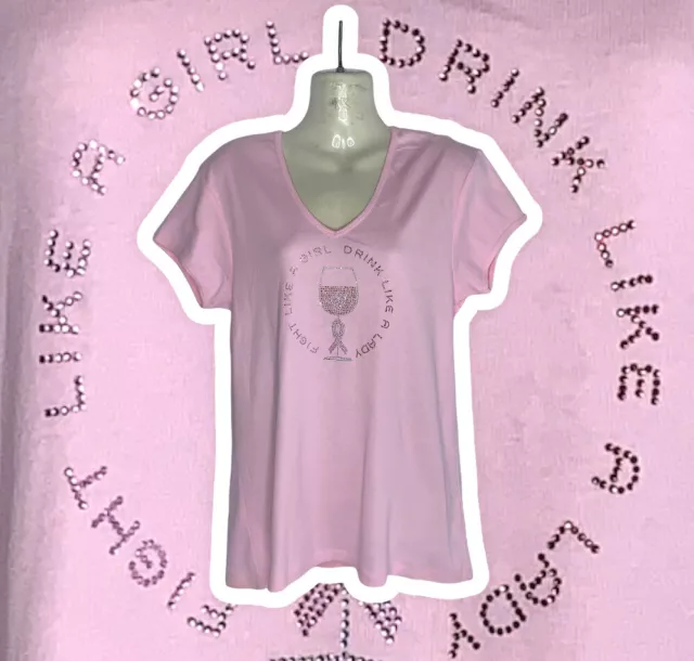 Breast Cancer Fight Like A Girl (S) Rhinestone Pink Wine Shirt Women's V Neck