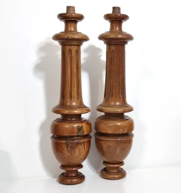 Pair baluster  wood turned column - Antique french architectural salvage 15 in .