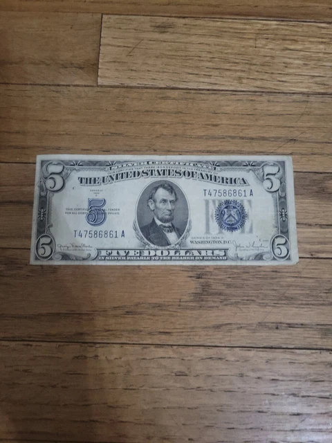 1934 D Five Dollar Silver Certificate $5 Bill Blue Seal Note