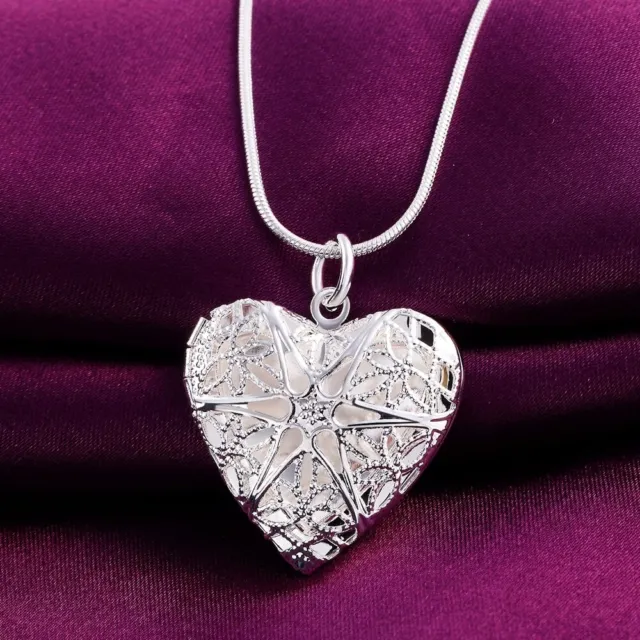 925 Silver Plated Victorian Style Love Heart Locket Photo Necklace 45cm Chain UK