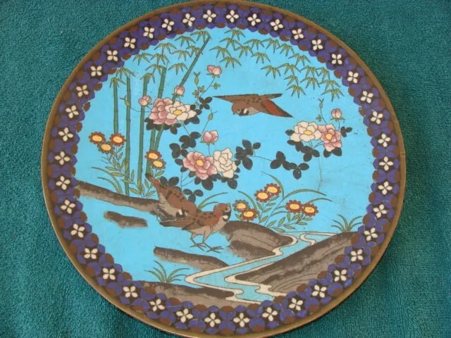 Antique Cloisonne Charger Vintage Meiji Era Plate Birds Flowers River Japan?