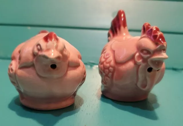 Vintage PInk Rooster & Hen Salt and Pepper Shakers Made in Japan