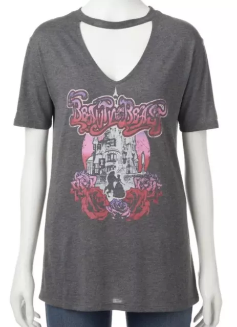 Disney Womens  Beauty and the Beast Juniors Choker Neck Graphic Tee, Size Small 2