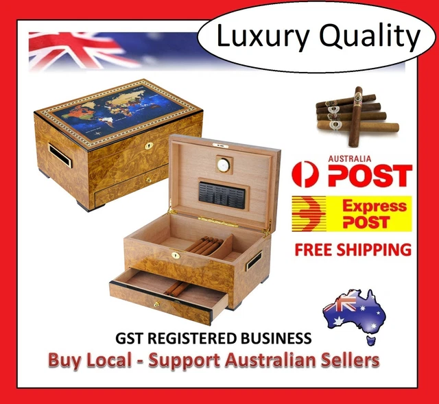 LUXURY CIGAR HUMIDOR World Map glossy Golden Oak Spanish cedar cigars ...