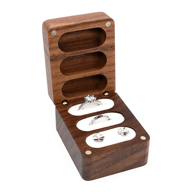 VINTAGE WOODEN ENGAGEMENT Ring Storage Box Slim Flat Jewelry Case For ...