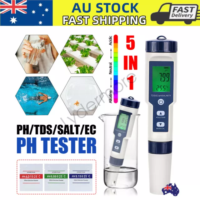 PH EC TDS Salinity Temp 5 in 1 Test Pen Meter LCD Digital Water Quality Monitor