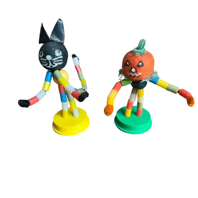 VTG 1950s Spun Cotton And Chenille Halloween Figures Black Cat  Pumpkin Ornament