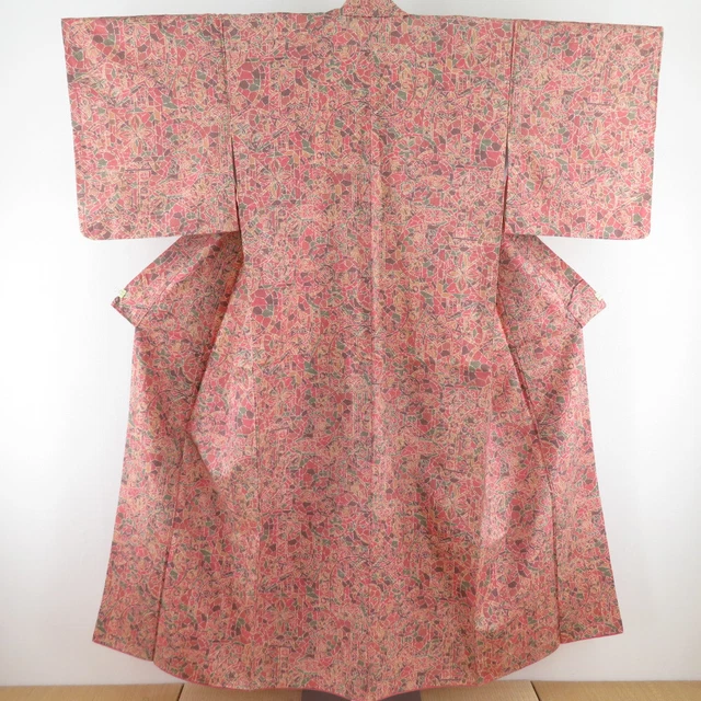 Komon kimono Silk Geometric pattern Red 59.1inch Women's