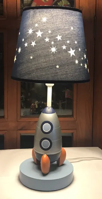 Lambs & Ivy Milky Way Blue & Silver Rocket Ship Nursey Lamp with Starry Shade