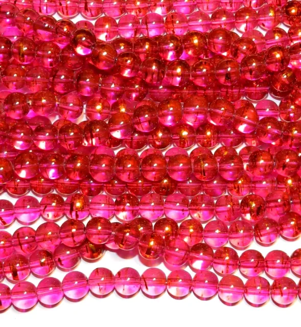 G1782 Pink with Gold Swirl Metallic Drawbench 8mm Round Glass Beads 32"