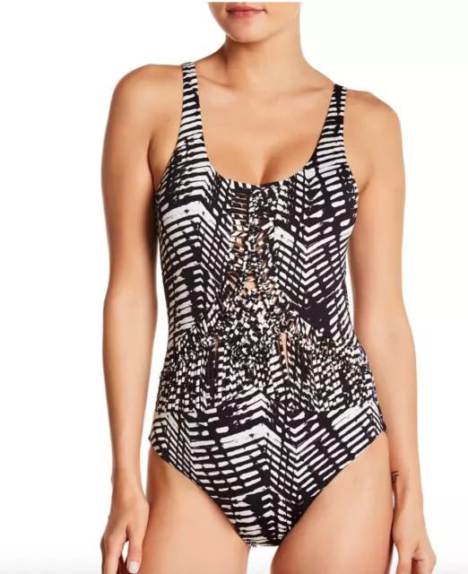 Dolce Vita Macrame Print Cheeky One-Piece Swimsuit Jungle Beat Large L