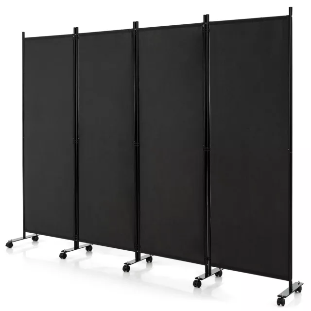 4-Panel Folding Room Divider 6FT Rolling Privacy Screen w/ Lockable Wheels Black