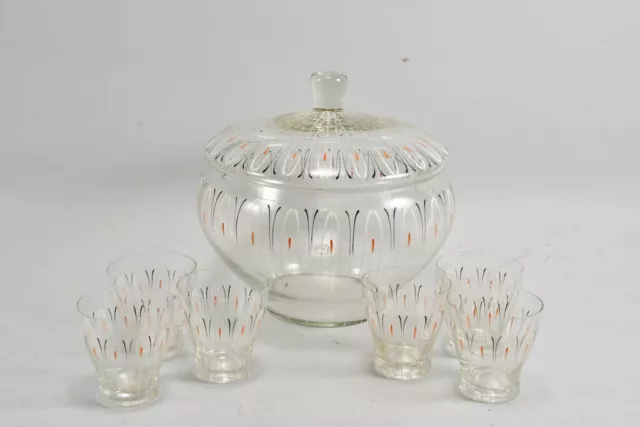 B59H08- Art Deco Glas Bowletopf mit 6x Glas, 30er Jahre