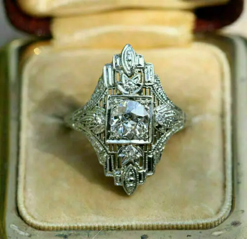 Vintage Art Deco Style Round Diamond Filigree White Gold Finish Engagement Ring