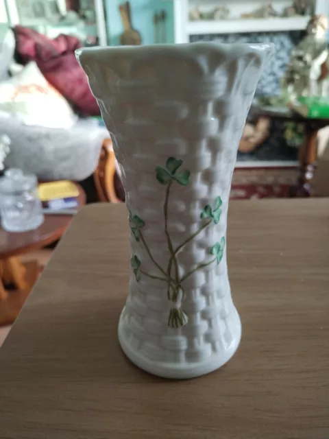 Belleek Bud Vase 150 Year Anniversary Black Mark Basketweave Shamrocks