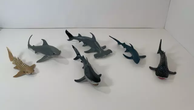 Lot of 6 Shark Figures & Ocean Animals, Hammer Head, Great White, Tiger