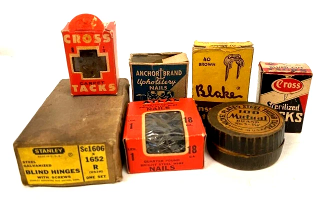 Lot of 7 Vintage Boxes of Mutual Cross Tacks Atlas Nails Blake Staples